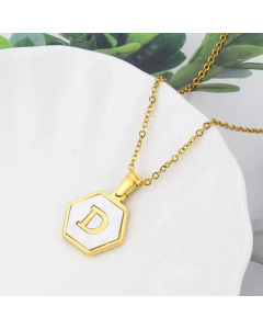 Wholesale Jewelry Simple Hexagonal White Shell Stainless Steel 26 Letter Pendant Necklace