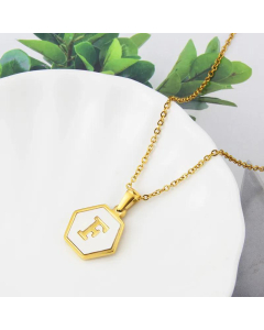 Wholesale Jewelry Simple Hexagonal White Shell Stainless Steel 26 Letter Pendant Necklace
