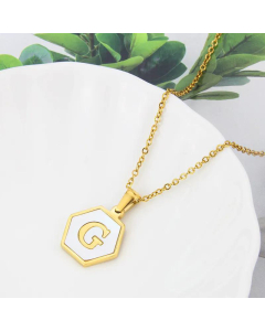 Wholesale Jewelry Simple Hexagonal White Shell Stainless Steel 26 Letter Pendant Necklace