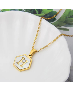 Wholesale Jewelry Simple Hexagonal White Shell Stainless Steel 26 Letter Pendant Necklace