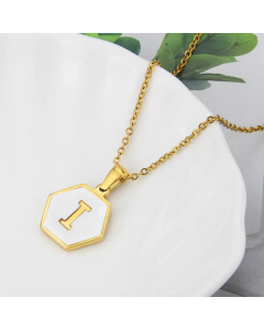 Wholesale Jewelry Simple Hexagonal White Shell Stainless Steel 26 Letter Pendant Necklace