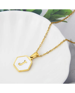 Wholesale Jewelry Simple Hexagonal White Shell Stainless Steel 26 Letter Pendant Necklace