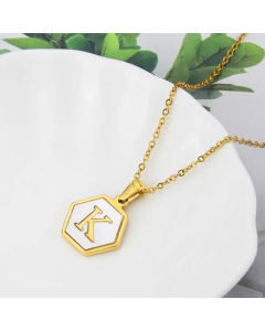 Wholesale Jewelry Simple Hexagonal White Shell Stainless Steel 26 Letter Pendant Necklace