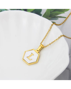 Wholesale Jewelry Simple Hexagonal White Shell Stainless Steel 26 Letter Pendant Necklace