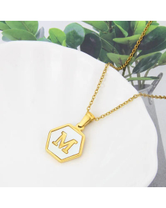 Wholesale Jewelry Simple Hexagonal White Shell Stainless Steel 26 Letter Pendant Necklace