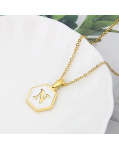 Wholesale Jewelry Simple Hexagonal White Shell Stainless Steel 26 Letter Pendant Necklace