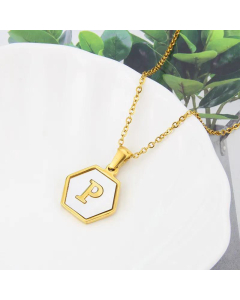 Wholesale Jewelry Simple Hexagonal White Shell Stainless Steel 26 Letter Pendant Necklace