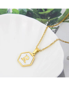 Wholesale Jewelry Simple Hexagonal White Shell Stainless Steel 26 Letter Pendant Necklace