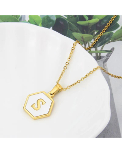 Wholesale Jewelry Simple Hexagonal White Shell Stainless Steel 26 Letter Pendant Necklace
