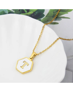 Wholesale Jewelry Simple Hexagonal White Shell Stainless Steel 26 Letter Pendant Necklace