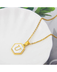 Wholesale Jewelry Simple Hexagonal White Shell Stainless Steel 26 Letter Pendant Necklace