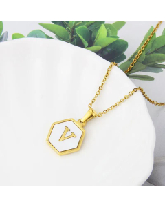Wholesale Jewelry Simple Hexagonal White Shell Stainless Steel 26 Letter Pendant Necklace