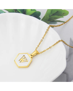 Wholesale Jewelry Simple Hexagonal White Shell Stainless Steel 26 Letter Pendant Necklace