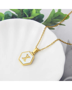 Wholesale Jewelry Simple Hexagonal White Shell Stainless Steel 26 Letter Pendant Necklace