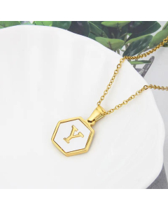 Wholesale Jewelry Simple Hexagonal White Shell Stainless Steel 26 Letter Pendant Necklace