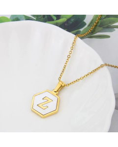 Wholesale Jewelry Simple Hexagonal White Shell Stainless Steel 26 Letter Pendant Necklace