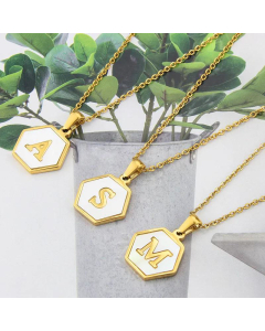 Wholesale Jewelry Simple Hexagonal White Shell Stainless Steel 26 Letter Pendant Necklace