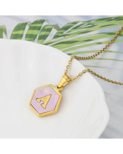 Wholesale Jewelry Simple Hexagonal Pink Shell Stainless Steel 26 Letter Pendant Necklace