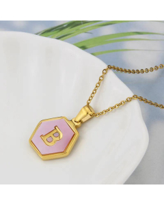 Wholesale Jewelry Simple Hexagonal Pink Shell Stainless Steel 26 Letter Pendant Necklace