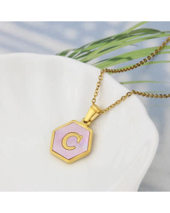 Wholesale Jewelry Simple Hexagonal Pink Shell Stainless Steel 26 Letter Pendant Necklace