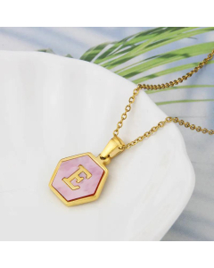 Wholesale Jewelry Simple Hexagonal Pink Shell Stainless Steel 26 Letter Pendant Necklace
