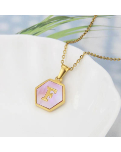 Wholesale Jewelry Simple Hexagonal Pink Shell Stainless Steel 26 Letter Pendant Necklace