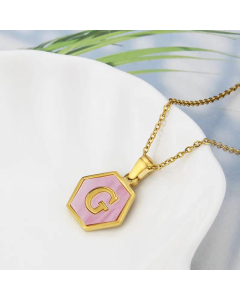 Wholesale Jewelry Simple Hexagonal Pink Shell Stainless Steel 26 Letter Pendant Necklace