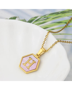Wholesale Jewelry Simple Hexagonal Pink Shell Stainless Steel 26 Letter Pendant Necklace