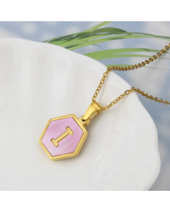 Wholesale Jewelry Simple Hexagonal Pink Shell Stainless Steel 26 Letter Pendant Necklace