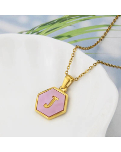 Wholesale Jewelry Simple Hexagonal Pink Shell Stainless Steel 26 Letter Pendant Necklace