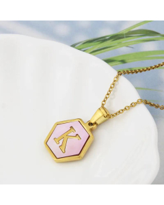 Wholesale Jewelry Simple Hexagonal Pink Shell Stainless Steel 26 Letter Pendant Necklace