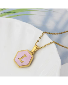Wholesale Jewelry Simple Hexagonal Pink Shell Stainless Steel 26 Letter Pendant Necklace
