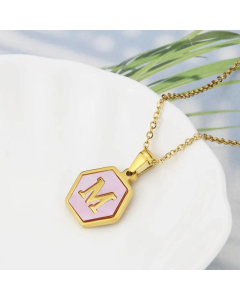 Wholesale Jewelry Simple Hexagonal Pink Shell Stainless Steel 26 Letter Pendant Necklace