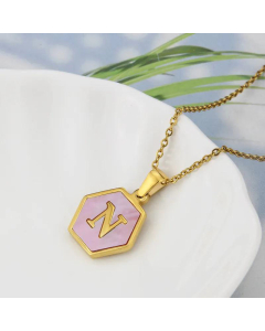 Wholesale Jewelry Simple Hexagonal Pink Shell Stainless Steel 26 Letter Pendant Necklace