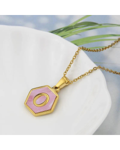 Wholesale Jewelry Simple Hexagonal Pink Shell Stainless Steel 26 Letter Pendant Necklace