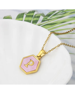 Wholesale Jewelry Simple Hexagonal Pink Shell Stainless Steel 26 Letter Pendant Necklace