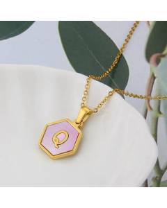 Wholesale Jewelry Simple Hexagonal Pink Shell Stainless Steel 26 Letter Pendant Necklace