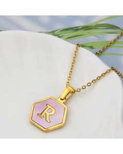 Wholesale Jewelry Simple Hexagonal Pink Shell Stainless Steel 26 Letter Pendant Necklace