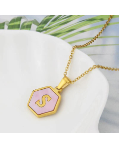 Wholesale Jewelry Simple Hexagonal Pink Shell Stainless Steel 26 Letter Pendant Necklace