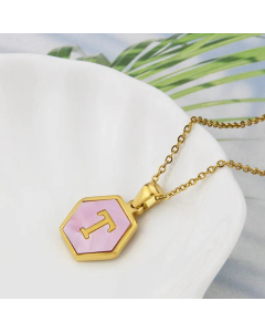 Wholesale Jewelry Simple Hexagonal Pink Shell Stainless Steel 26 Letter Pendant Necklace