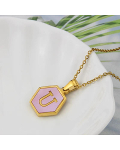 Wholesale Jewelry Simple Hexagonal Pink Shell Stainless Steel 26 Letter Pendant Necklace