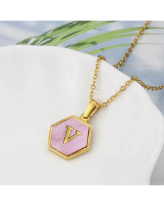Wholesale Jewelry Simple Hexagonal Pink Shell Stainless Steel 26 Letter Pendant Necklace