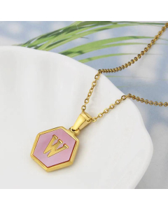 Wholesale Jewelry Simple Hexagonal Pink Shell Stainless Steel 26 Letter Pendant Necklace