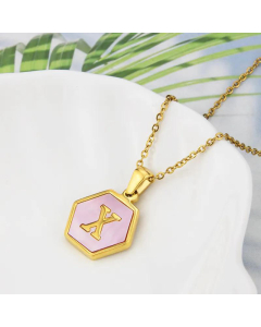 Wholesale Jewelry Simple Hexagonal Pink Shell Stainless Steel 26 Letter Pendant Necklace