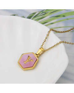 Wholesale Jewelry Simple Hexagonal Pink Shell Stainless Steel 26 Letter Pendant Necklace