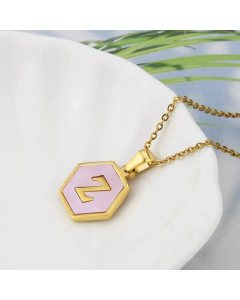 Wholesale Jewelry Simple Hexagonal Pink Shell Stainless Steel 26 Letter Pendant Necklace