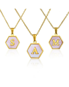 Wholesale Jewelry Simple Hexagonal Pink Shell Stainless Steel 26 Letter Pendant Necklace