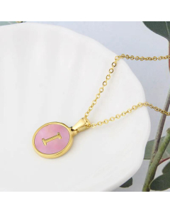 Wholesale Jewelry Simple Round Pink Shell Stainless Steel 26 Letter Pendant Necklace
