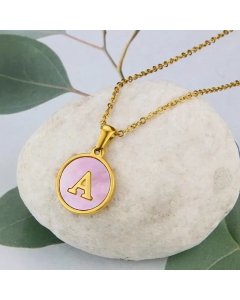 Wholesale Jewelry Simple Round Pink Shell Stainless Steel 26 Letter Pendant Necklace