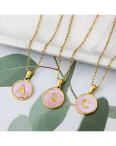 Wholesale Jewelry Simple Round Pink Shell Stainless Steel 26 Letter Pendant Necklace